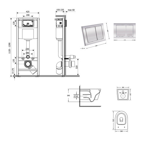 Готове рішення Qtap для ванної кімнати: унітаз підвісний Swan Ultra Quiet 520×360×320 + комплект інсталяції Nest 4 в 1 (квадратна клавіша Chrome)