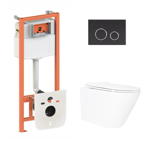 Готове рішення Qtap для ванної кімнати: підвісний унітаз Swan Ultra Quiet 520×360×320 + комплект інсталяції Nest 4 в 1 (кругла клавіша Matt Black)
