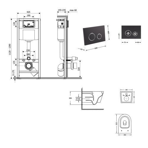Готове рішення Qtap для ванної кімнати: підвісний унітаз Swan Ultra Quiet 520×360×320 + комплект інсталяції Nest 4 в 1 (кругла клавіша Matt Black)