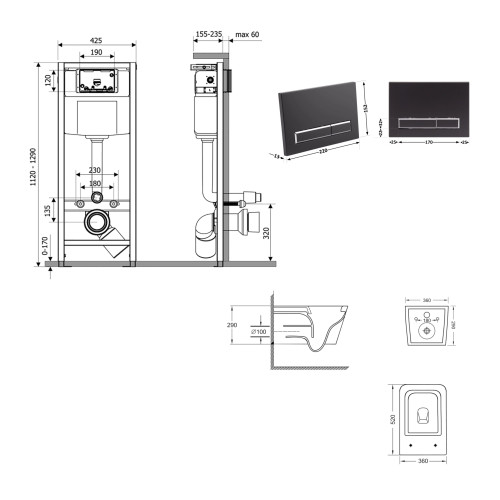 Готове рішення Qtap для ванної кімнати: підвісний унітаз Crow Ultra Quiet 520×360×290 + комплект інсталяції Nest 4 в 1 (лінійна клавіша Matt Black)