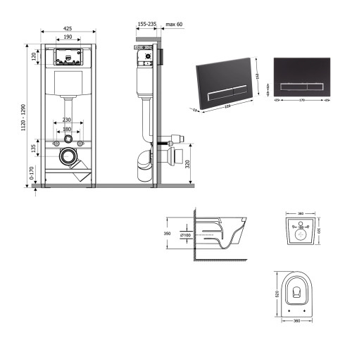 Готове рішення Qtap для ванної кімнати: підвісний унітаз Swan Ultra Quiet 520×360×320 + комплект інсталяції Nest 4 в 1 (лінійна клавіша Matt Black)