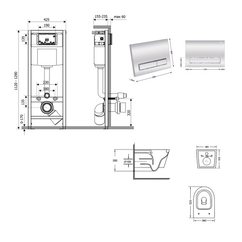 Готове рішення Qtap для ванної кімнати: унітаз підвісний Swan Ultra Quiet 520×360×320 + комплект інсталяції Nest 4 в 1 (лінійна клавіша Chrome)