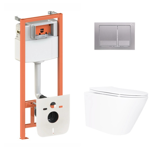 Готове рішення Qtap для ванної кімнати: підвісний унітаз Swan Ultra Quiet 520×360×320 + комплект інсталяції Nest 4 в 1 (квадратна клавіша Satin)