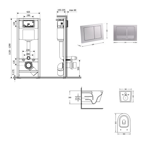 Готове рішення Qtap для ванної кімнати: підвісний унітаз Swan Ultra Quiet 520×360×320 + комплект інсталяції Nest 4 в 1 (квадратна клавіша Satin)