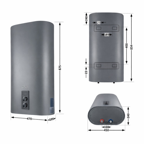 Водонагрівач електричний Thermo Alliance 50 л Grey, вертикальний плоский, мокрий ТЕН 2 кВт (0,8+1,2) DT50V20G(PD)/2G