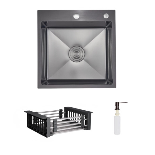 Комплект Lidz Handmade H5050HB Мийка для кухні інтегрована Decor Black PVD Honeycomb в комплекті з дозатором+Lidz LIDZK01B Кошик для миття
