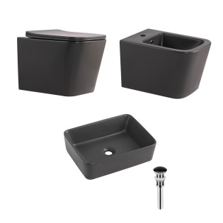 Комплект Qtap Tern Anthracite 3 в 1: унітаз підвісний Ultra Quiet + біде підвісне + накладна раковина QTTERAN49161