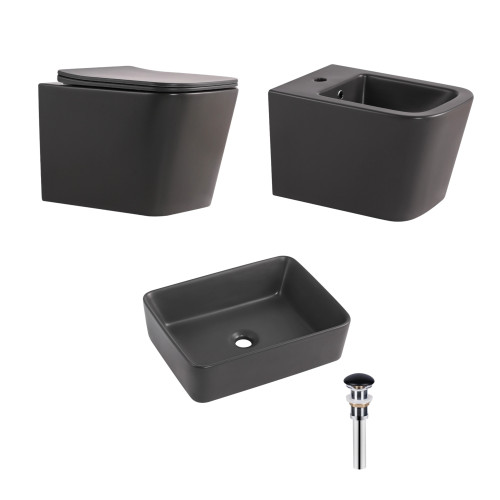 Комплект Qtap Tern Anthracite 3 в 1: унітаз підвісний Ultra Quiet + біде підвісне + накладна раковина QTTERAN49161