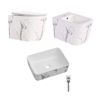 Комплект Qtap Tern Marble 3 в 1: унітаз підвісний Ultra Quiet + біде підвісне + накладна раковина QTTERMR49164