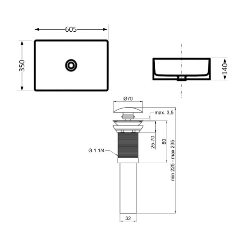 Раковина накладна Qtap Tern 610x350x135 мм, Marble, прямокутна, з донним клапаном QTTER188MR49791