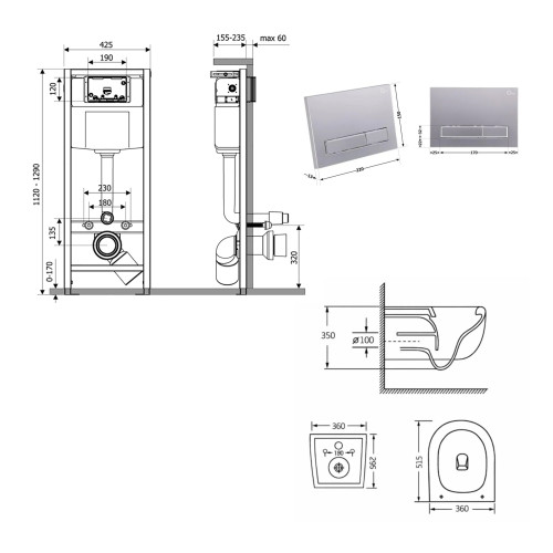 Готове рішення Qtap для ванної кімнати: підвісний унітаз Taurus Ultra Quiet 515×360×350 + комплект інсталяції Nest 4 в 1 (лінійна клавіша Satin)