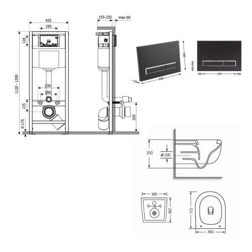 Готове рішення Qtap для ванної кімнати: підвісний унітаз Taurus Ultra Quiet 515×360×350+ комплект інсталяції Nest 4в1 (лінійна клавіша Matt Black)