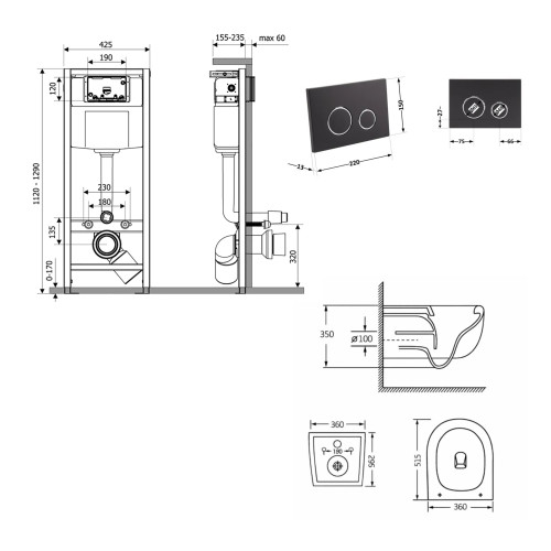 Готове рішення Qtap для ванної кімнати: підвісний унітаз Taurus Ultra Quiet 515×360×350 + комплект інсталяції Nest 4в1 (кругла клавіша Matt Black)