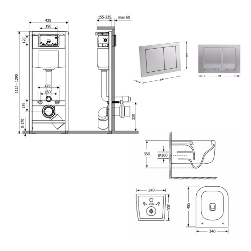 Готове рішення Qtap для ванної кімнати: підвісний унітаз Gemini Ultra Quiet 485×340×350 + комплект інсталяції Nest 4 в 1 (квадратна клавіша Satin)
