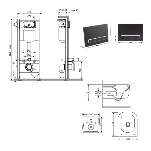 Готове рішення Qtap для ванної кімнати: підвісний унітаз Gemini Ultra Quiet 485×340×350+ комплект інсталяції Nest 4в1 (лінійна клавіша Matt Black)