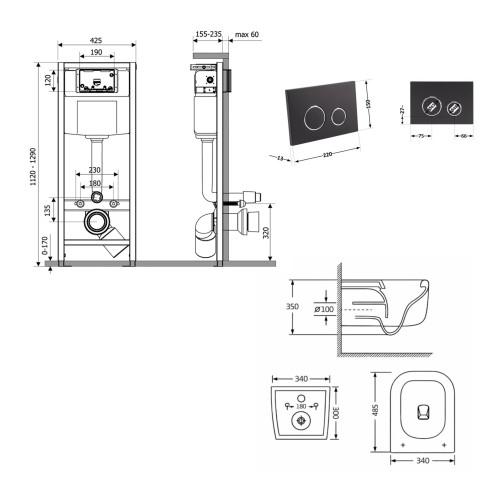 Готове рішення Qtap для ванної кімнати: підвісний унітаз Gemini Ultra Quiet 485×340×350 + комплект інсталяції Nest 4в1 (кругла клавіша Matt Black)