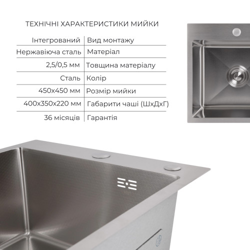 Акційний набір Lidz: мийка Handmade H4545 Decor 2,5/0,5 мм + K01G Кошик для кухонного миття