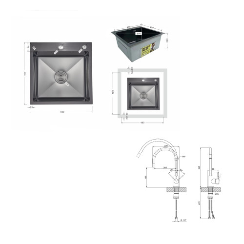 Акційний набір Lidz: мийка інтегрована Decor Black PVD Honeycomb 2,5/0,5 мм + Змішувач Aria для кухні з гнучким виливом (k35) Black