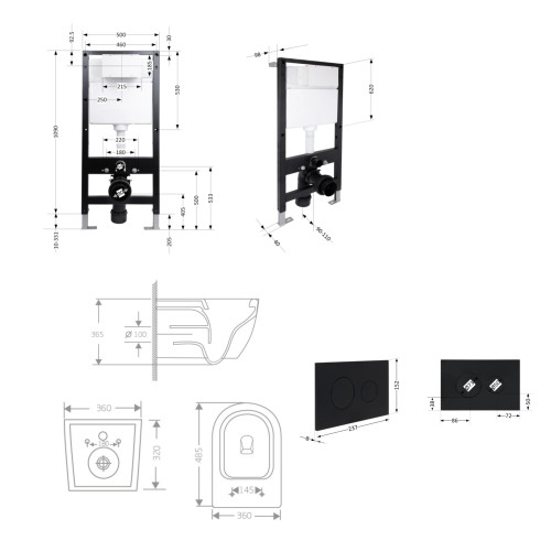 Готове рішення Qtap для ванної кімнати: підвісний унітаз Jay Rimless 485x360x320 + комплект встановлення Standard (кругла кнопка Black)