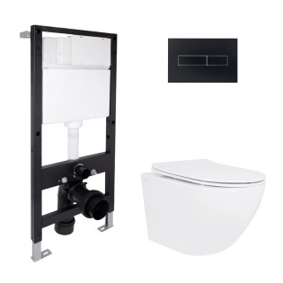 Готовое решение Qtap для ванной комнаты: подвесной унитаз Jay Rimless 485x360x320 + комплект инсталляции Standard (линейная кнопка Black)