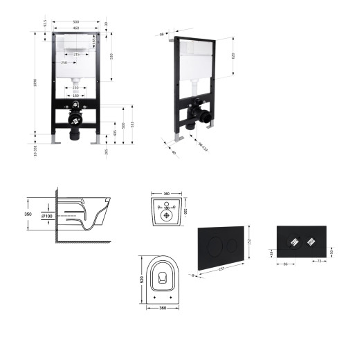 Готове рішення Qtap для ванної кімнати: підвісний унітаз Jay Ultra Quiet 520x360x320 + комплект встановлення Standard (кругла кнопка Black)