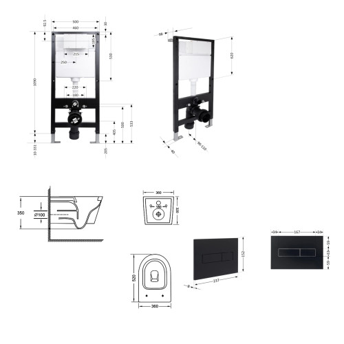 Готове рішення Qtap для ванної кімнати: унітаз підвісний Jay Ultra Quiet 520x360x320 + комплект інсталяції Standard (лінійна кнопка Black)