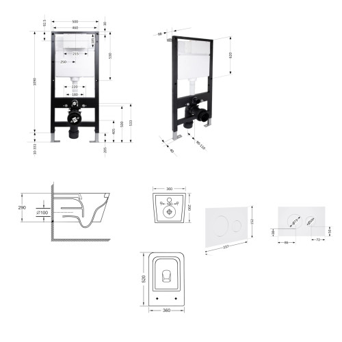 Готове рішення Qtap для ванної кімнати: підвісний унітаз Crow Ultra Quiet 520x360x290 + комплект встановлення Standard (кругла кнопка White)