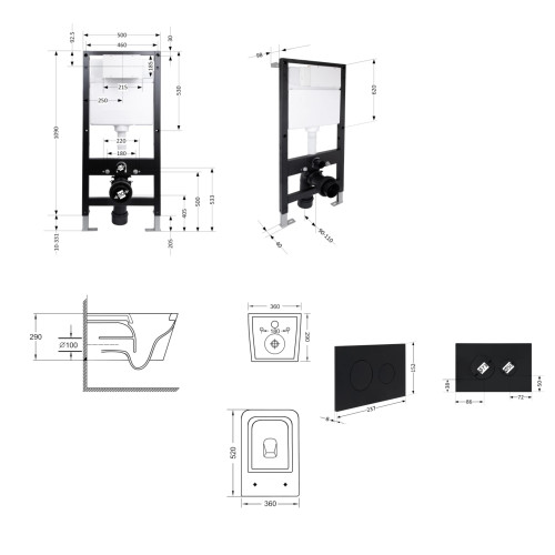 Готове рішення Qtap для ванної кімнати: підвісний унітаз Crow Ultra Quiet 520x360x290 + комплект інсталяції Standard (кругла кнопка Black)