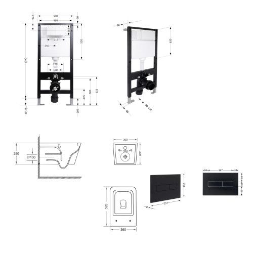 Готове рішення Qtap для ванної кімнати: підвісний унітаз Crow Ultra Quiet 520x360x290 + комплект інсталяції Standard (лінійна кнопка Black)