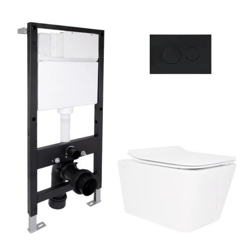 Готовое решение Qtap для ванной комнаты: подвесной унитаз Crow Rimless 520x360x290 + комплект инсталляции Standard (круглая кнопка Black)