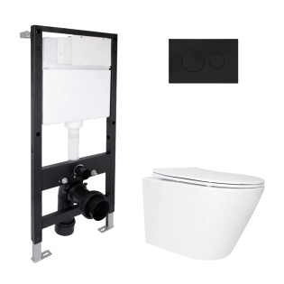 Готовое решение Qtap для ванной комнаты: подвесной унитаз Swan Ultra Quiet 485x360x320 + комплект инсталляции Standard (круглая кнопка Black)