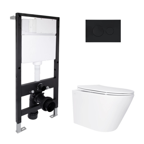 Готовое решение Qtap для ванной комнаты: подвесной унитаз Swan Ultra Quiet 485x360x320 + комплект инсталляции Standard (круглая кнопка Black)