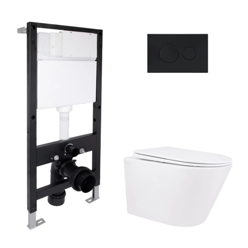 Готовое решение Qtap для ванной комнаты: подвесной унитаз Swan Rimless 520x360x320 + комплект инсталляции Standard (круглая кнопка Black)