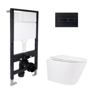 Готовое решение Qtap для ванной комнаты: подвесной унитаз Swan Rimless 520x360x320 + комплект инсталляции Standard (линейная кнопка Black)