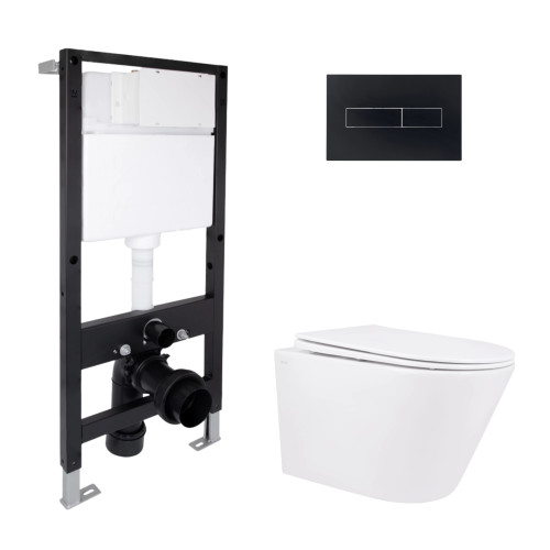 Готове рішення Qtap для ванної кімнати: унітаз підвісний Swan Rimless 520x360x320 + комплект інсталяції Standard (лінійна кнопка Black)