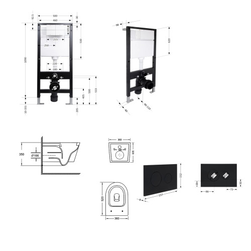 Готове рішення Qtap для ванної кімнати: унітаз підвісний Swan Ultra Quiet 520x360x320 + комплект інсталяції Standard (кругла кнопка Black)