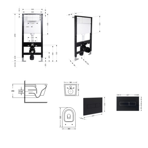 Готове рішення Qtap для ванної кімнати: унітаз підвісний Swan Ultra Quiet 520x360x320 + комплект інсталяції Standard (лінійна кнопка Black)