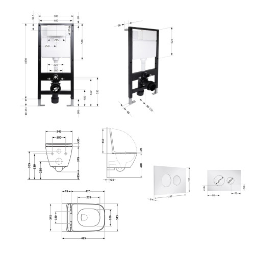 Готове рішення Qtap для ванної кімнати: підвісний унітаз Gemini Ultra Quiet 485x340x350 + комплект встановлення Standard (кругла кнопка Chrome)