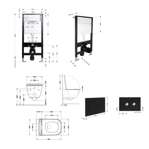 Готове рішення Qtap для ванної кімнати: підвісний унітаз Gemini Ultra Quiet 485x340x350 + комплект встановлення Standard (кругла кнопка Black)