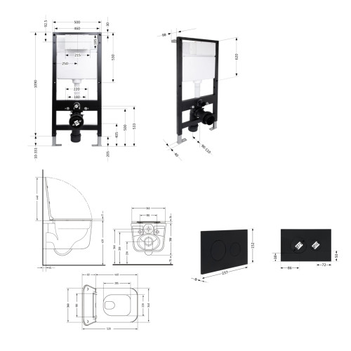 Готове рішення Qtap для ванної кімнати: підвісний унітаз Gemini Ultra Quiet 520x360x350 + комплект встановлення Standard (кругла кнопка Black)