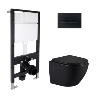 Готовое решение Qtap для ванной комнаты: подвесной унитаз Jay Ultra Quiet 485x360x320 + комплект инсталляции Standard (линейная кнопка Black)
