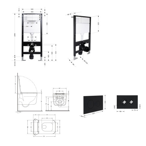 Готове рішення Qtap для ванної кімнати: підвісний унітаз Gemini Ultra Quiet 520x360x350 + комплект встановлення Standard (кругла кнопка Black)