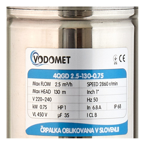 Свердловинний насос Vodomet 4QGD 2.5-130-0.75 Н=130М, Q=40л/хв, P=750 Вт (VO4158)
