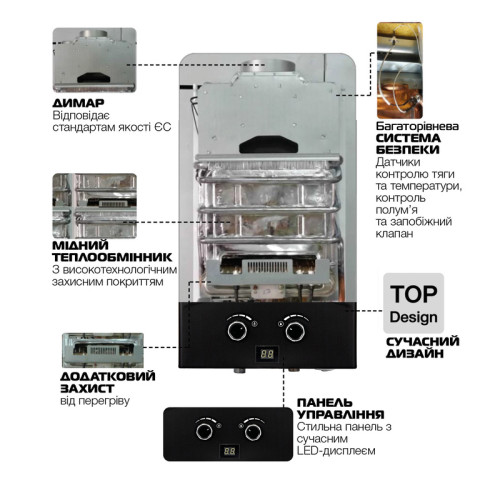 Газова колонка MIXXUS GWH-0210 BASIC BLACK димохідна 10 л/хв (колір чорний) (WH0023)